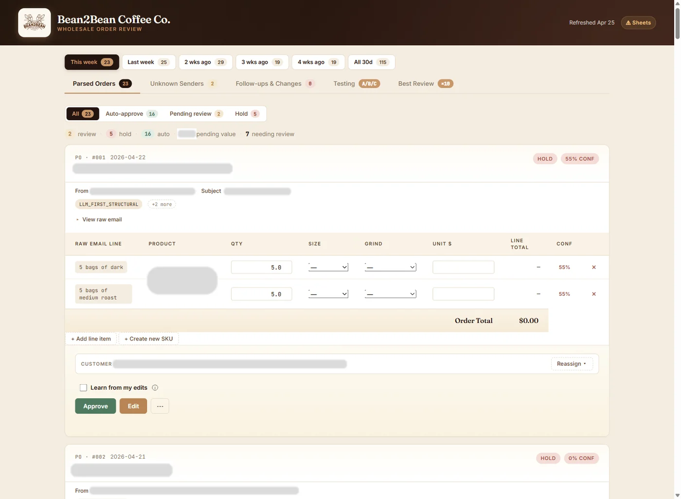 Bean2Bean wholesale order review dashboard (customer details redacted)